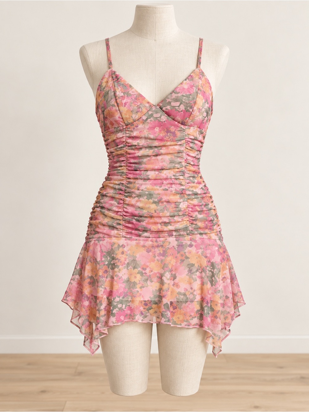 Wild Fable Pink Floral Mesh Ruched Handkerchief Hem Dress XXS Y2K Fairy